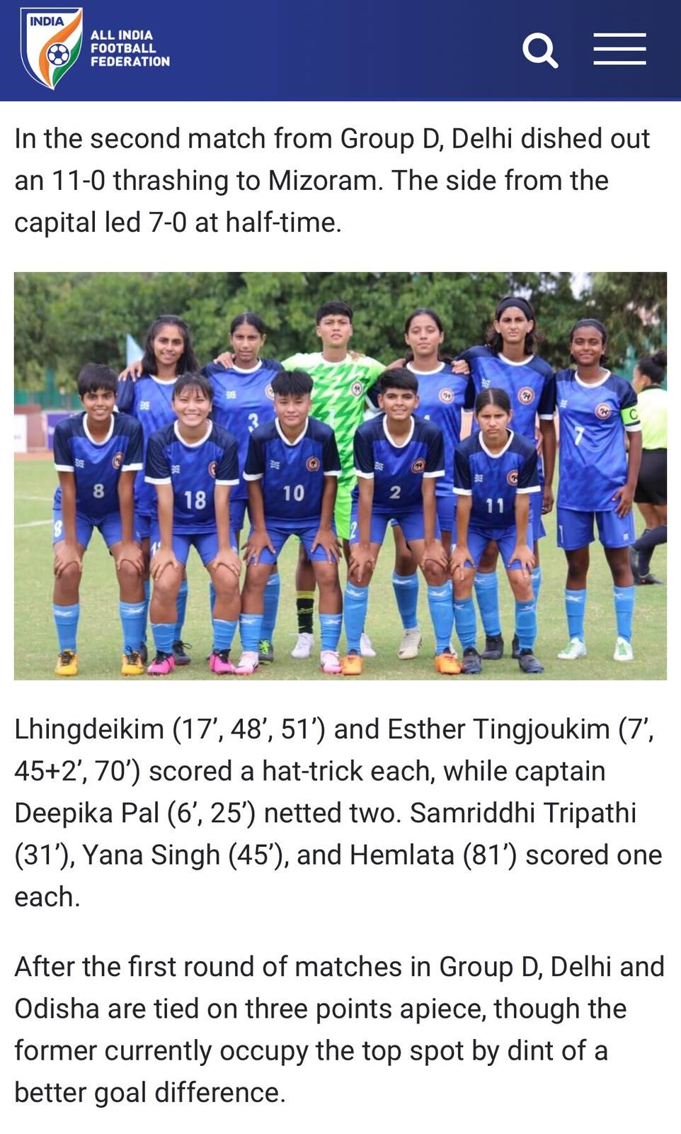 AIFF match report: Delhi 11-0 Mizoram