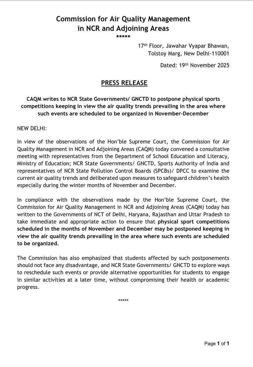 CAQM press release, 19 November 2025