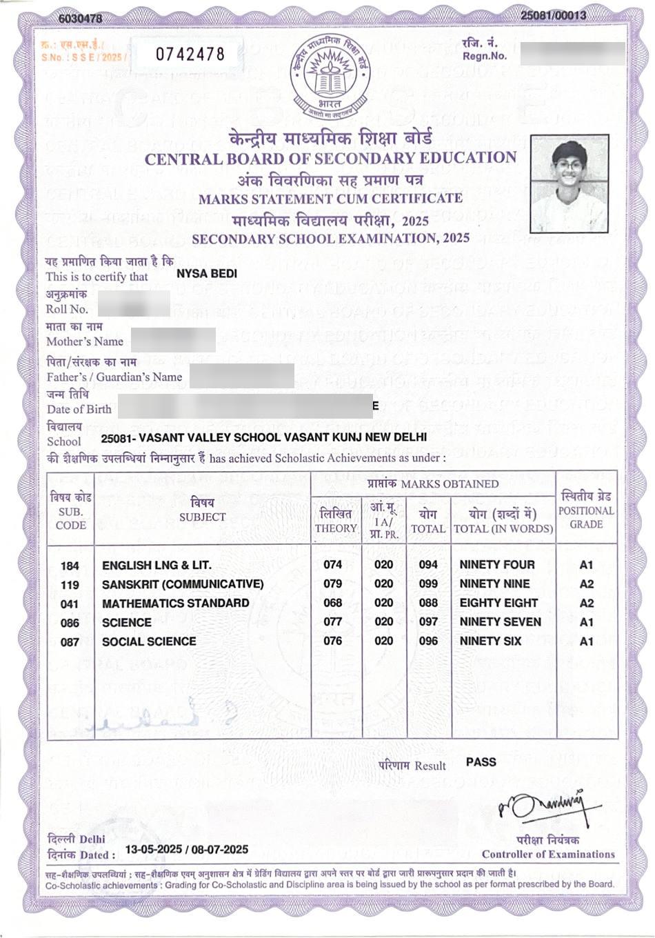 CBSE Class X marksheet