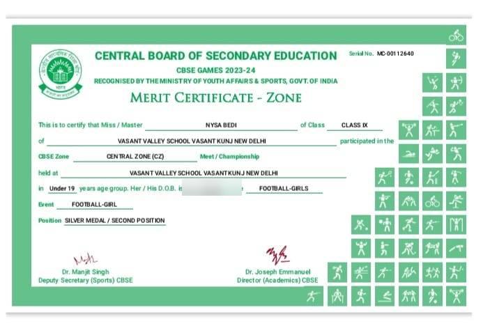 CBSE Central Zone merit certificate, 2023-24