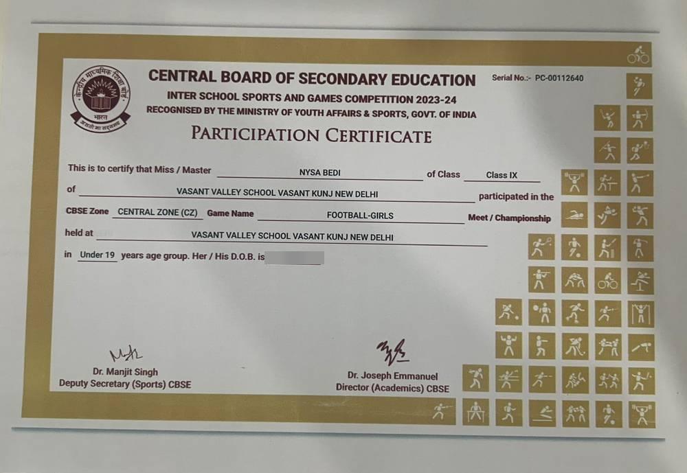 CBSE Central Zone participation certificate, 2023-24