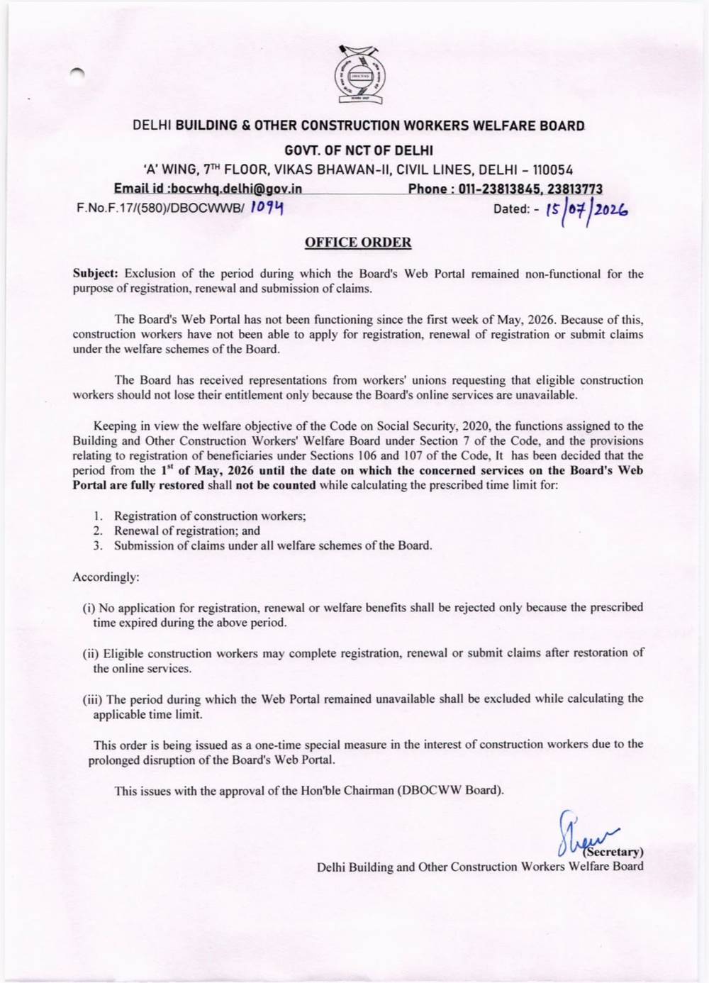 Delhi construction workers welfare board office order