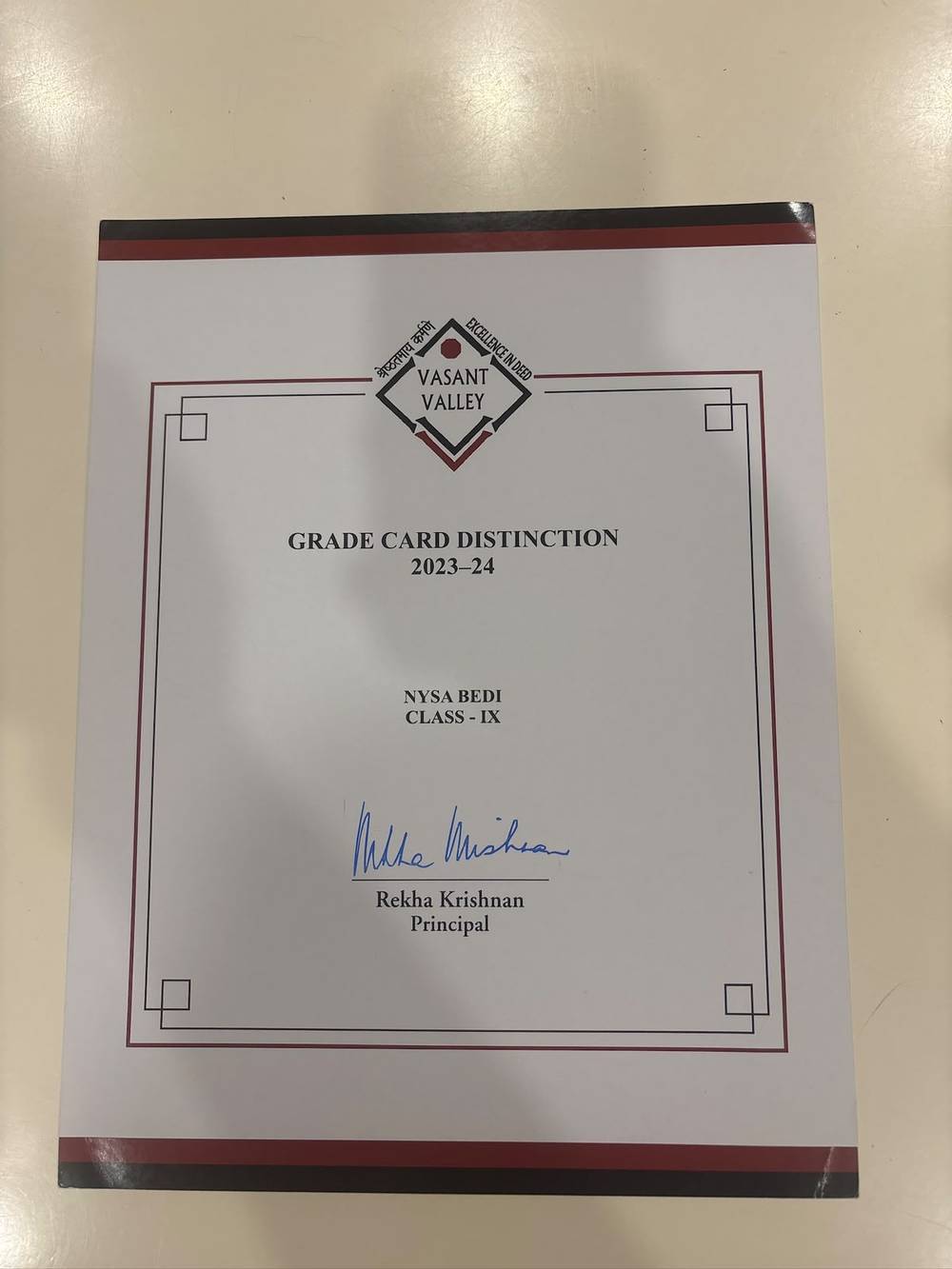 Grade Card Distinction Award, Grade 9