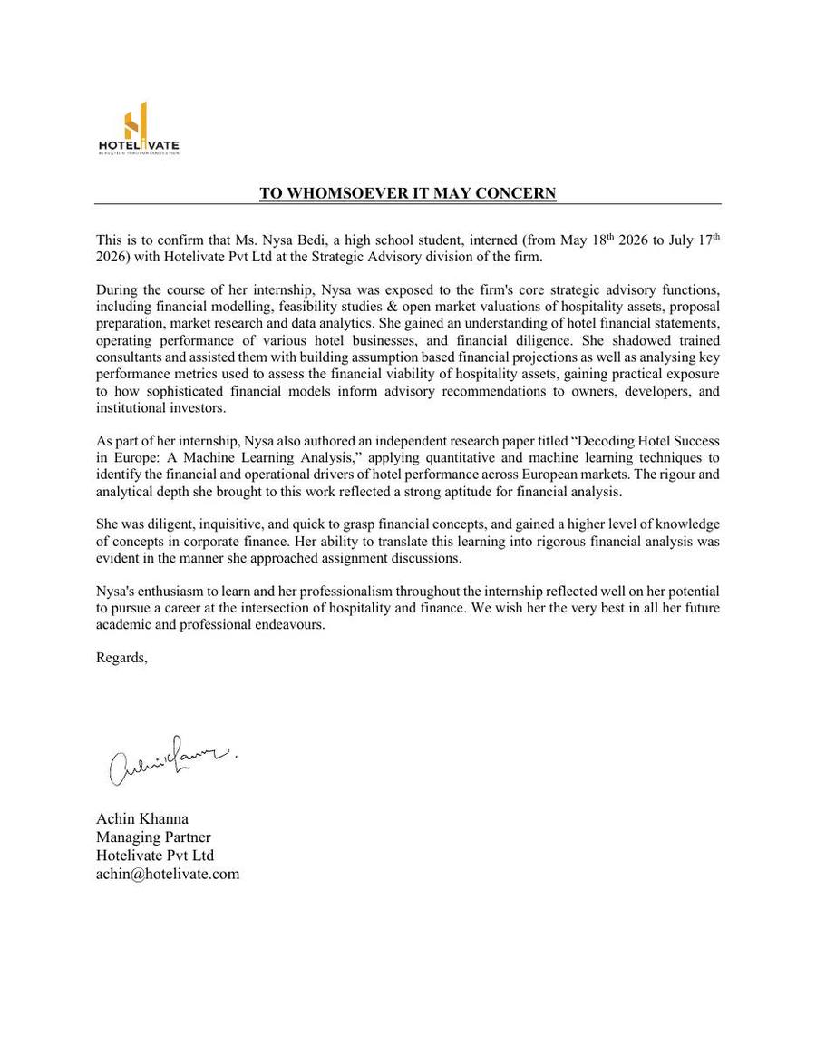 Internship letter, Hotelivate Savills