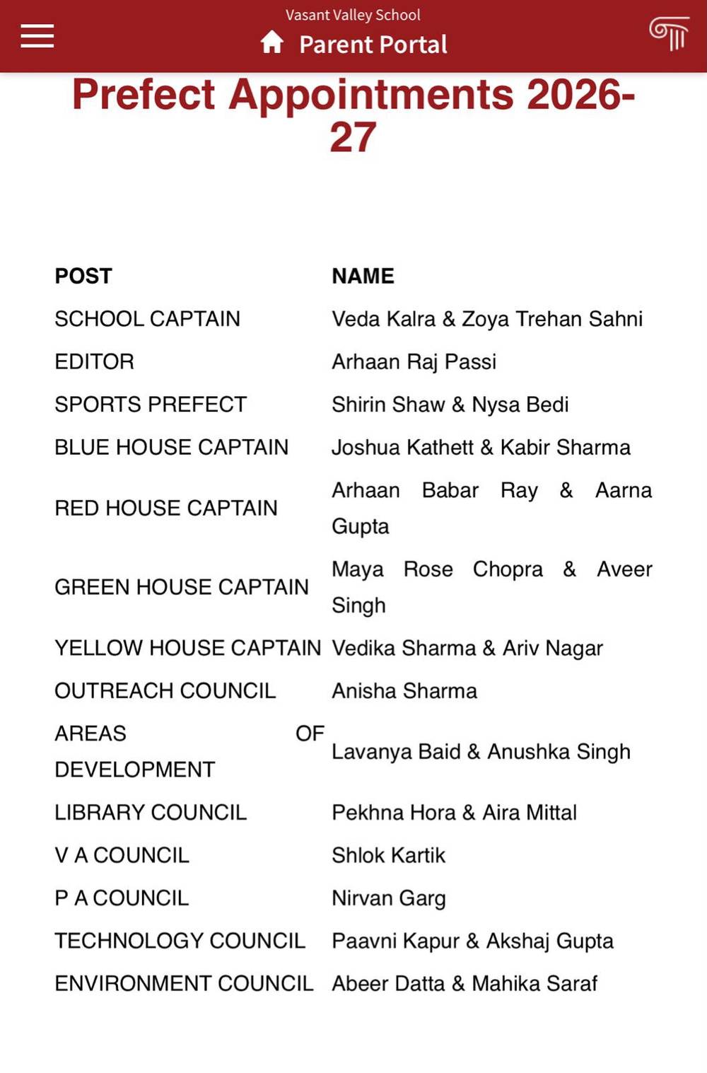 Prefect Appointments 2026-27
