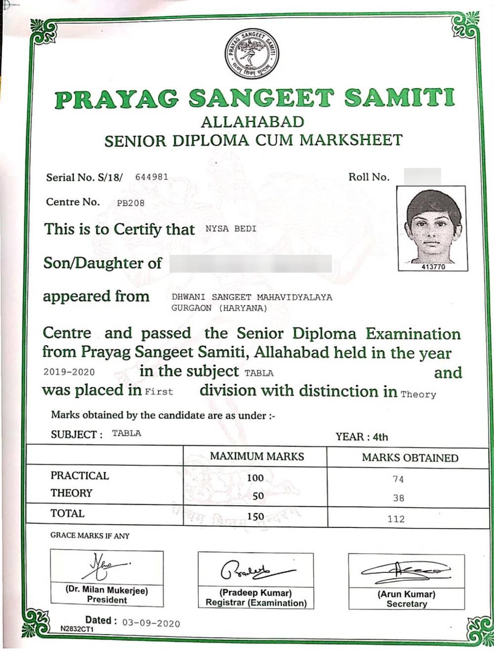 Senior Diploma in Tabla